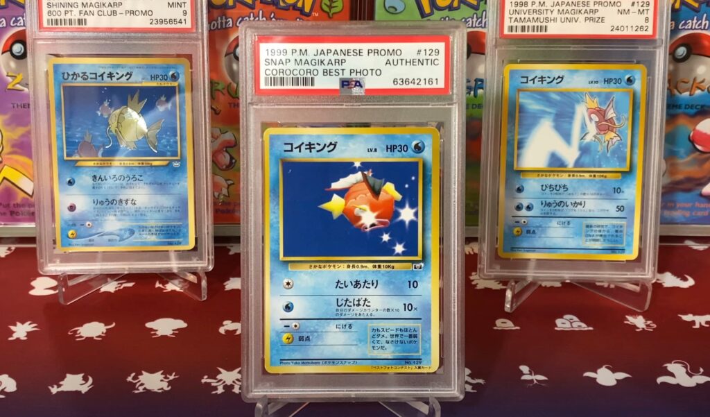 Rare Pokémon cards displayed in protective sleeves with high collectible value.